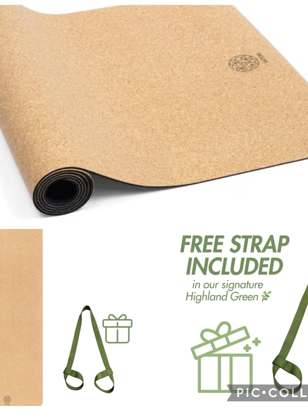 Cork Top Yoga Mat with Black Base — Highland Green Strap Included